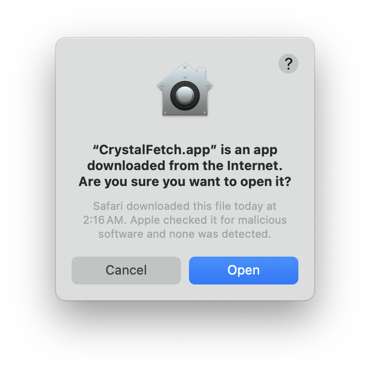 CrystalFetch security dialog
